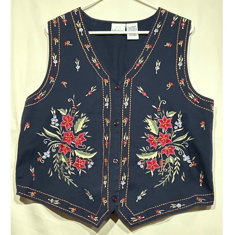 Cottagecore Bobbie Brooks Vintage Embroidered Navy Blue Floral Cotton Vest Sz L